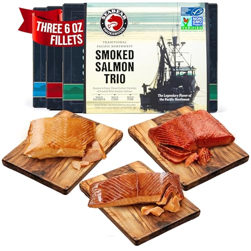 SeaBear Smoked Salmon Trio 18oz (3 x 6oz) Fillets Gift Box – Wild Alaska Sockeye, Wild Pink & Coho Fillets, Shelf Stable, Ready to Eat, 18 Ounce (3 x 6 Ounce) Filets - size: 18 Ounce (Pack of 1)