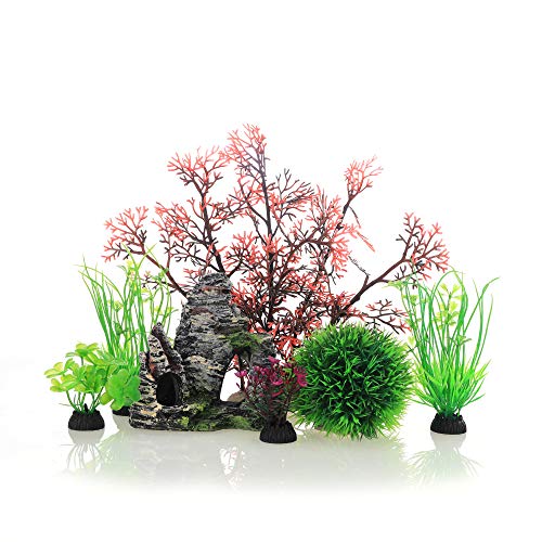 JIH Aquarium Fish Tank Plastic Plants and Cave Rock Decorations Decor Set 7 Pieces, Small and Large Artificial Fish Tank Plants with Cave Rock (CU89Red-7) - color: Cu89red-7