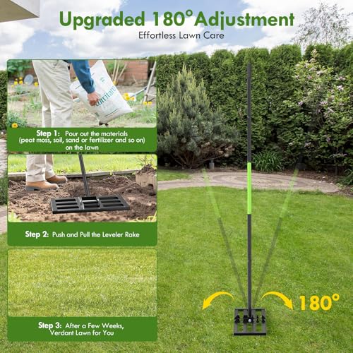 Seeutek Lawn Leveling Rake, 17" x 10" Heavy Duty Yard Leveling Rake Tool with 0-180° Adjustable Handle, 6.5FT Steel Handle Lawn Leveler for Yard Garden Golf, Ease Level Soil Sand Dirt Surface - size: 17"*10"