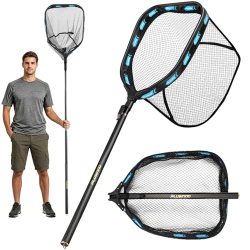 PLUSINNO Floating Fishing Net with Telescoping Handle, Carbon Fiber Ultralight Long Fish Net, Collapsible Landing Net 6.56/7.86Ft, Fishing Gear Kayak Accessories for Bass Trout Salmon - style: 7.86 Ft Full Length