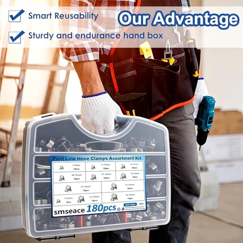 smseace 180Pcs Fuel Line Clamps 10-Sizes 7-18mm Fuel Injection Hose Clamps Pack in handheld Box Zinc Plated High Pressure Hose Clamps For Diesel/Petrol Pipe in Automotive,Marine,Truck - size: 180Pcs 7-18mm