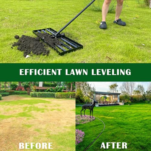Lawn Leveling Rake, Steel Lawn Leveler with 30"x10" Ground Plate, 78" Adjustable Long Handle, Level Yard Tool for Grass, Golf Field, Level Soil or Dirt Ground, Black