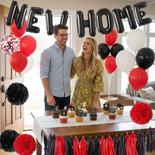 New Home Housewarming Party Decorations - Black Red Boho Welcome Home Decor Kit with Balloons Cupcake Toppers, Tassels House Warming Gifts for New Home Celebration - color: Black Red