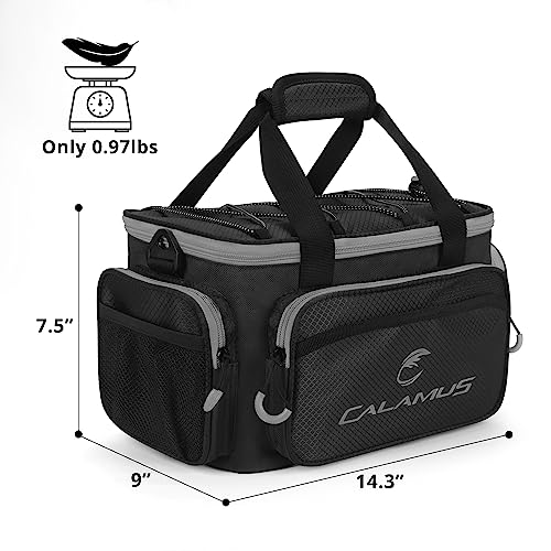 Calamus Fishing Tackle Bags - Saltwater & Freshwater Fishing Bags - Rip-Stop PE - Padded Shoulder Strap - Pliers Storage - Black - color: D：Black(without trays)-14.3*9*7.5 inches