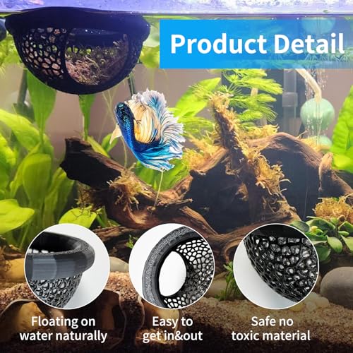 2 PCS Floating Betta Hammock,Betta Fish Tank Accessories, 3D Printed Aquarium Decor Floating Betta Hide with Feeding Ring Safe Resting Spot for Stress-Free Fish Tank(Black)