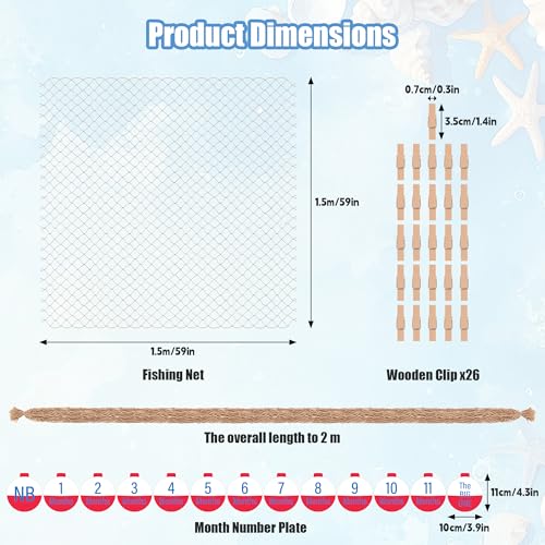 60x60 Inch Fishing Net Decor with Wooden Clips, Fishing Photo Banner The Big One Fishing Birthday Decoration Beige Natural Cotton Large Decor for Pirate Under The Sea Nautical Mermaid Themed Party