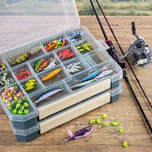 2 Pack Aventik Super Large Fishing 3700Tackle Box – Portable DIY Insert Dividers, Sturdy Transparent PP Case for Lure & Gear Storage (13.98” x 8.86” x 1.89”) - color: Gray