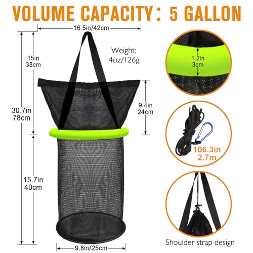 Dovesun Floating Fishing Basket, Collapsible Fishing Net Portable Nylon-mesh | Coated Nylon Net Bait Storage Cage for Keeping Crayfish Minnows Leaches and Other Live Baits - color: 5 Gallons-Green(Small Minnow Bait Bag), size: Diameter of the bottom: 9.8"