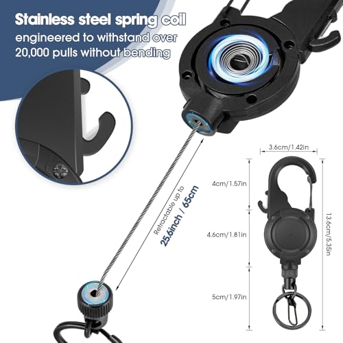 Fly Fishing Zinger Retractor,26" Stainless Steel Wire Rope, with Integrated Line Cutter and Magnetic Closure,360° Rotation Keychain & Carabiner Clip for Fly Fishing,Cycling,Hiking