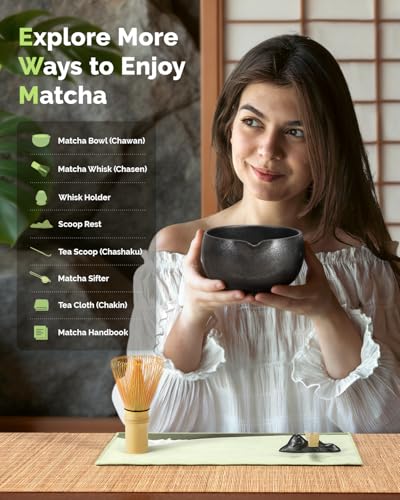 Maestri House Matcha Whisk Set, 7-Pc Complete Matcha Kit with Spouted Ceramic Bowl, Bamboo Whisk and Holder, Scoop, Spoon Rest & Sifter, Tea Cloth – Ideal Gift for Matcha Lovers (Black Stone) - color: Black Stone