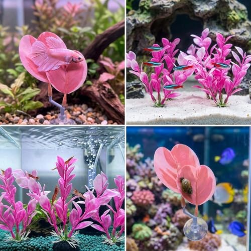Pink Aquarium Decor, Betta Fish Resting Spot and Feeding Ring for Fish Tank, Small Fish Tank Decor with 4 Pieces of Pink Betta Hammock Plants, 4 Inch Height for Aquarium Decoration