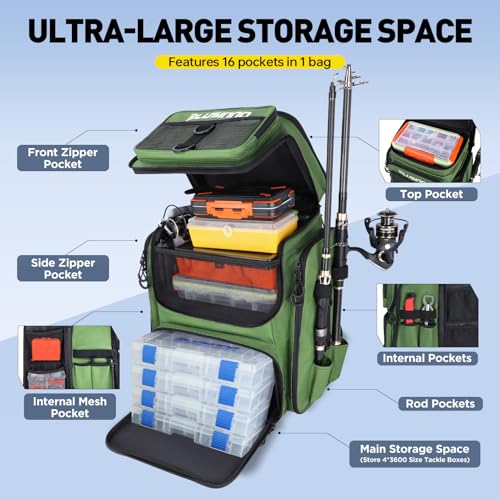 PLUSINNO Fishing Backpack with Rod Holders 4 Tackle Boxes, 42L Large Water-Resistant Fish Tackle Bag Store Fishing Gear, Camping, Hiking Gifts for Men Father, Green - color: Green With 4 Tackle Boxes