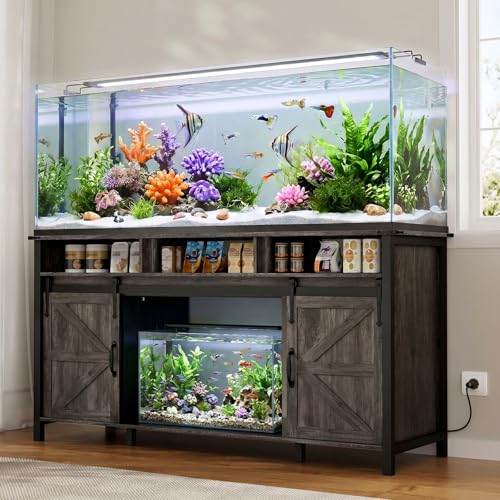 VOWNER 75-120 Gallon Fish Tank Stand with Power Outlet, Farmhouse Aquarium Stand with Storage Cabinet & Sliding Barn Doors, Heavy Duty Reptile Tank Stand, for 2 Tanks, 1000LBS Capacity, Grey - color: Grey