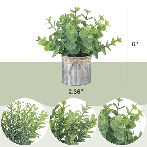 Mkono Mini Fake Plants in Farmhouse Galvanized Metal Pots 3 Pack Small Potted Artificial Plant Eucalyptus for Laundry Room Bathroom Shelf Table Decor - color: Grey, size: 2.36 inch