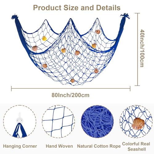 80x40 Inch Decorative Fishing Net w/Shells & Clips, 3mm Thickness Navy Blue Natural Cotton Large Photo Hanging Fishnet, Wall Party Decorations for Nautical Pirate Hawaii Mermaid Themed Party - color: Dark Blue, size: Large - 1 Pack with shells
