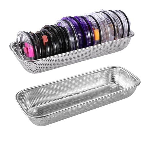 2Pack Stainless Steel Tumbler Cup Lid Organizer Inside Cabinet, Mason Jar Lid Holder, Rectangular Basket for Storage of Silverware, Chopsticks, straws and Utensils - style: SilverIndustrial-2pack