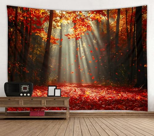 WODEJIA Autumn Forest Tapestry, Red Maple Leaves Fall Landscape Wall Hanging, Sunlight Through Trees Nature Tapestry for Bedroom Living Room Dorm Decor, Art Home Decoration Gift（79"x59"inches） - color: Autumn Leaf Forest, size: 79"L x 59"W
