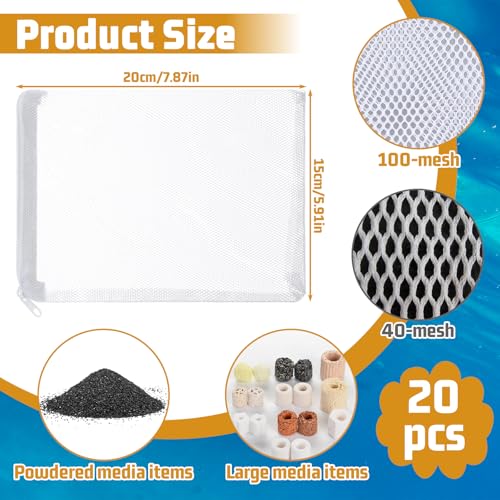 Grevosea 20 Pcs Aquarium Filter Media Bags, Fish Tank Coarse Mesh Bags 5.91 x 7.87 Inch Nylon Mesh Bag with Zipper for Activated Carbon Ceramic Rings Bio Balls Black & White