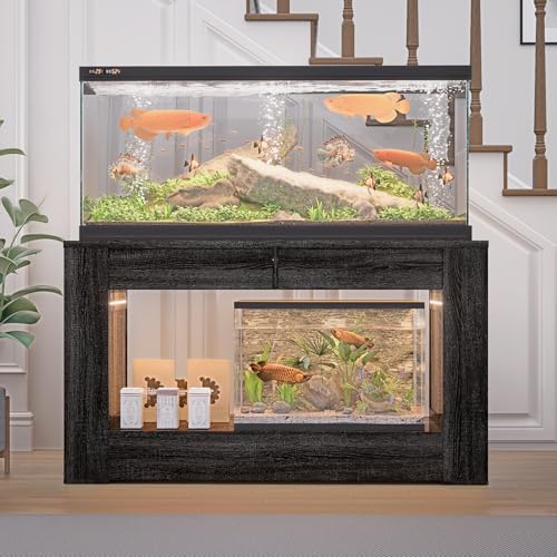 48" Aquarium Stand for 55–75/90 Gallon Tank, Heavy Duty Fish Tank Stand up to 1000 LBS, Aquarium Stand with Power Outlet & LED Light, 2-Tier Turtle Reptile Tank Stand with Storage,Black wood - color: Black wood, size: For 55-75-90 gallon