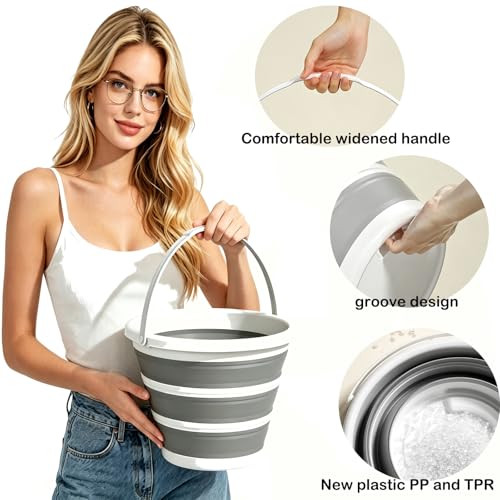 Collapsible Bucket with Handle 10L (2.6Gal), BPA Free Foldable Round Plastic Water Bucket, Portable Space Saving Tub for Car Washing Gardening Camping Fishing Home Cleaning (Grey, 10L) - color: Gray, size: 10L
