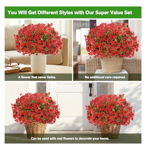 Artificial Flowers Fake Plants for Outdoors Spring Decoration, 13Bundles Silk Realistic UV Resistant Faux Flowers for Outside Planter Porch Yard Patio Garden Home Indoor, Red - color: Red, size: Artificial Flowers(13 Pcs)