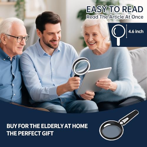 45X Magnifying Glass with Light, Rechargeable LED Magnifier for Reading | 1200mAh Battery • 6 Light Modes • Dual Acrylic Lenses • 4.6" Lens • Adjustable Brightness • 12 LEDs • Non-slip Handle - color: Black