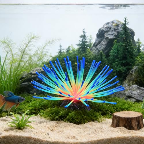 Fluorescent Rainbow Sea Urchin Aquarium Decor - Glows Under Blue Light, Weighted Silicone Ornament for Fish Tank with Swaying Spines, Saltwater & Freshwater, Vibrant Aquascape Centerpiece (Blue) - color: Blue