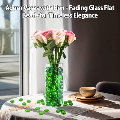 Green Glass Marbles, 0.97 LB Transparent and Smooth Flat Glass Beads for Vases, Mosaic Gem Pebbles for Aquarium Decor, Floral Arrangements, Mancala Stones, Vase Filler and Crafts (Approx. 80-100 PCS) - color: Green