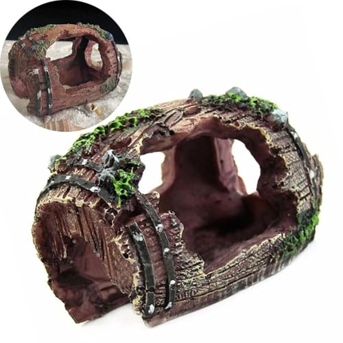 Aquarium Ornament Fish Hiding Wreck Barrel Fish Tank Decoration Resin Craft Fish Tank Accessories Pet Supplies(A) - color: Brown