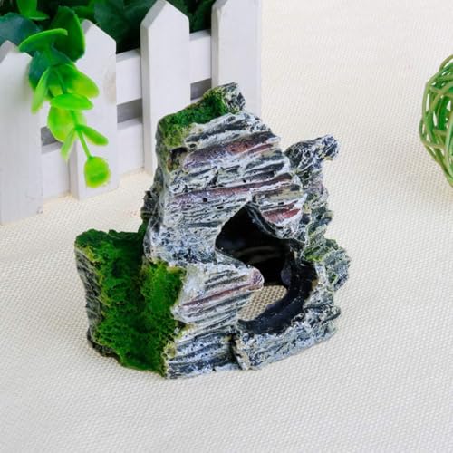 Aquarium Decor Moss Rock Cave – Resin Fish Tank Ornament for Hiding & Shelter, Natural Mountain Terrain Habitat for Shrimp, Betta & Reptiles, Small Landscape Rock Decoration for Tank Accessories