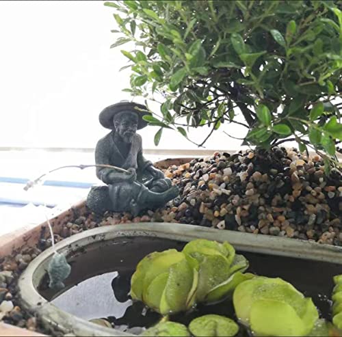 livelyfish Mini Fisherman Statue Asian Zen Decoration Sitting Fishing Figurines Sandstone Vintage Ornament for Aquarium Fish Tank Pot Garden Home Japanese Decor (A) - color: A