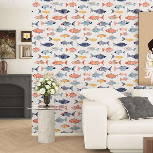 Fish Wallpaper Peel and Stick, Colorful Fishes Contact Paper 17.5" x 118", Blue and Pink Sea Wall Paper Self Adhesive Removable Waterproof for Children's Room Bathroom Shelves Cabinet Table Decor - color: White/Blue/Pink, size: 17.5" x 118"