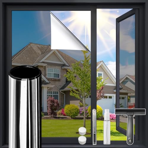 DUOFIRE One Way Window Film Privacy See Out Not in Heat Blocker Window Tint Reflective Windows Tinting Film for Home Static Cling Anti-UV Sun Blocking Windows Covering（Black, 11.8x78.7in） - color: Black-silver, size: 11.8 x 78.7 in