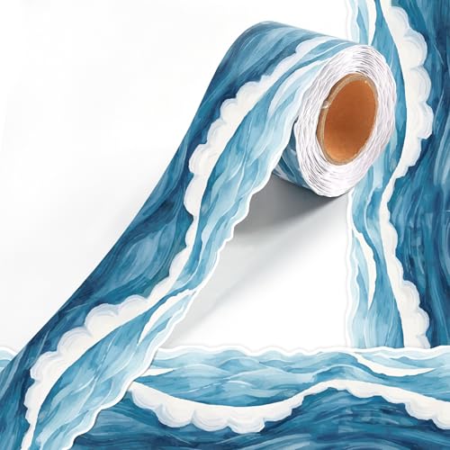 50ft Ocean Wave Bulletin Board Border, Under The Sea Scalloped Trim Borders for Back to School Summer Classroom Office Wall Chalkboard Door Decorations - color: Blue