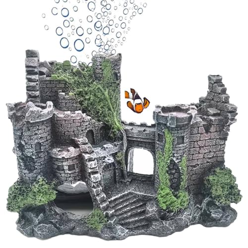 Ancient Castle Ruins Aquarium Ornament, Resin Fish Tank Decoration with Moss Accents, Hidden Cave Shelter for Betta Fish, Breeding & Hiding Habitat Decor, Black