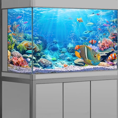 Underwater World Aquarium Background, Seaworld Ocean Floor Tropical Fish Coral Reef Aquatic Nature Plant Fish Tank Backdrop Decor, Polyester Fabric with 6 EVA Double-Sided Tapes 36x18 inches/90x45cm - color: Blue-1, size: 36"L x 18"W