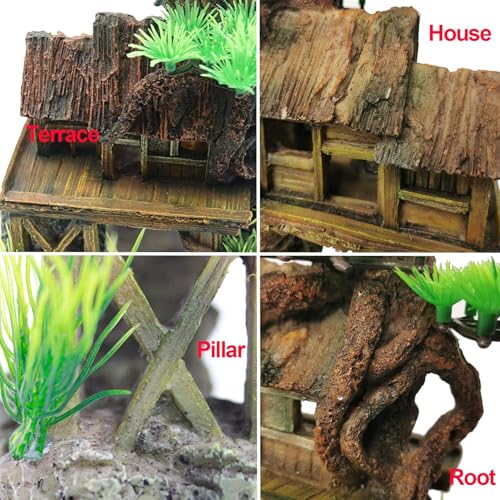 Aquarium Decorations Fish Tank Ornaments House on Terrace with Tree Root Resin Handicrafts for Betta Fish
