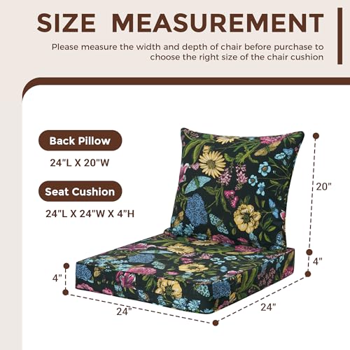 FUNHOME Outdoor Seat Cushion Set 24 x 24 x 4 Inch,Water Resistant Outdoor Chair Cushions for Patio Furniture,Thick Deep Seating Pads for Outside Chair Sofa Couch, Black Flower Butterfly - color: Black Flower Butterfly