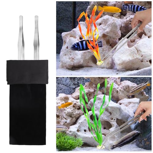 Segarty Longer Tweezers Aquascaping Tools with 1 Bag, 2 in 1 Stainless Steel Silver Aquarium Tools Kit for Fish Tank Aquatic Plant, Feeding Tweezer Curved Tweezer Anti Rust Aquascape Set
