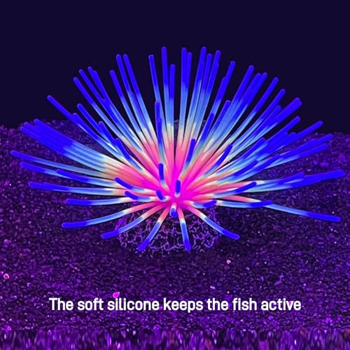 Fluorescent Rainbow Sea Urchin Aquarium Decor - Glows Under Blue Light, Weighted Silicone Ornament for Fish Tank with Swaying Spines, Saltwater & Freshwater, Vibrant Aquascape Centerpiece (Blue) - color: Blue