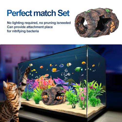 CousDUoBe Fish Broken Barrel Decor Fish Tank Decorations Betta Fish Tank Accessories,Starfish Barrel x 1pc, Aquarium Plants x 8pcs - size: 9 Pcs