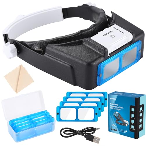 YOCTOSUN Magnifying Glasses with Light for Close Work, Rechargeable Headband Magnifier with 4 Lenses 1.5X-3.5X, Hands Free Head Magnifying Visor for Hobby, Jewelers, Reading, Crafts - color: White and Black