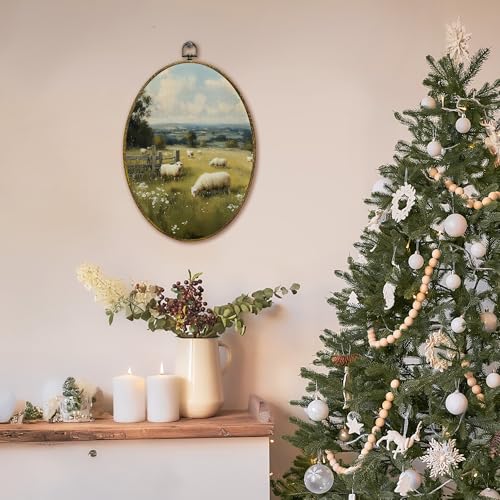 XFCICRLJ Vintage Farmhouse Sheep Wall Art Decor, Rustic Landscape Oval Canvas Prints Framed, Cottagecore Country Farm Animals Wall Art Decorations for Home Bedroom Living Room Decor, 11x8.5 Inch - color: Sheep03