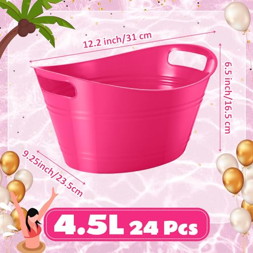 Norme 24 Pcs Oval Storage Tub with Handles, 4.5l Plastic Ice Buckets Bulk for Wine Beer Champagne Drink Cooler Beverage Storage Tub for Parties BBQ Weddings Party Outdoor Celebration(Rose Red) - color: Rose Red