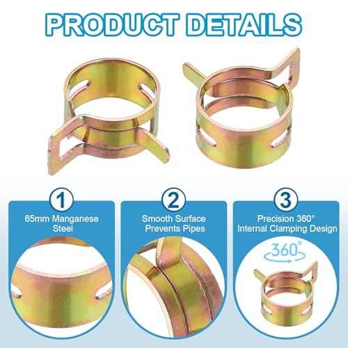 PATIKIL Spring Band Hose Pipe Clamps for 17-19.5 mm OD Hose, 30 Pack Silicone Vacuum Constant Tension Band Clips for Fuel Line Silicone Air Hose Tube Water Pipe, Gold - size: 17-19.5 mm