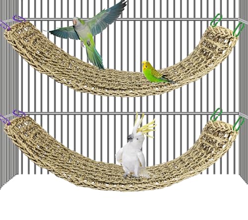 2Pcs Bird Seagrass Mat 30 × 7" Natural Grass Woven Net Hammock with Hooks Climbing Rope Ladder Chew Toys Hanging on Parrot Cage for Lovebird Pigeon Cockatiel Conure Budgie Cockatoo - size: 2Pcs 29.5×7"