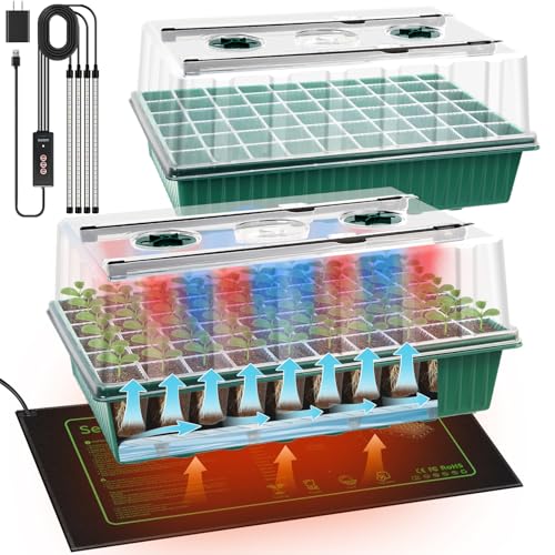 2 Set 120-Cell Seed Starter Kit with Seedling Heat Mat, Self-Watering Seed Starter Tray with Adjustable Brightness Timed Grow Light Humidity Domes, Indoor Seedling Starter Tray Plant Germination Kit - size: 2pack with Heat Mat