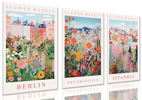 XLARTMY Flower Market Wall Art Prints Canvas Orange and Pink Floral Paintings Colorful Botanical Travel Flower Posters for Home Decor Pictures Set of 3 for Living Room Bedroom 12x16in - color: Flower Market ORange-2, size: 12x16in Canvas