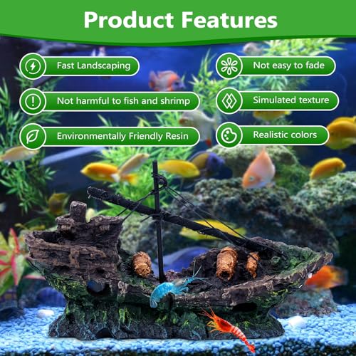 Big Ship Aquarium Decoration Resin - Large Weathered Sunken Shipwreck with Small Hole,Centerpiece for Fish Tank - Approx. 10" L x 4.5" W x 5.3" H(Big Ship) - color: Big Ship