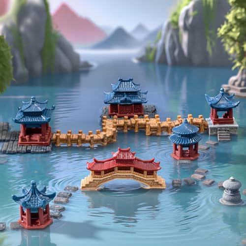 12 Pcs Chinese Miniature Garden Decor Set, Mini Plastic Pavilions Bridge Figurines for DIY Craft Micro Landscape Decor, Fairy Garden Accessories, Bonsai Terrarium Pond Lawn Ornaments